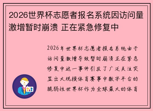 2026世界杯志愿者报名系统因访问量激增暂时崩溃 正在紧急修复中